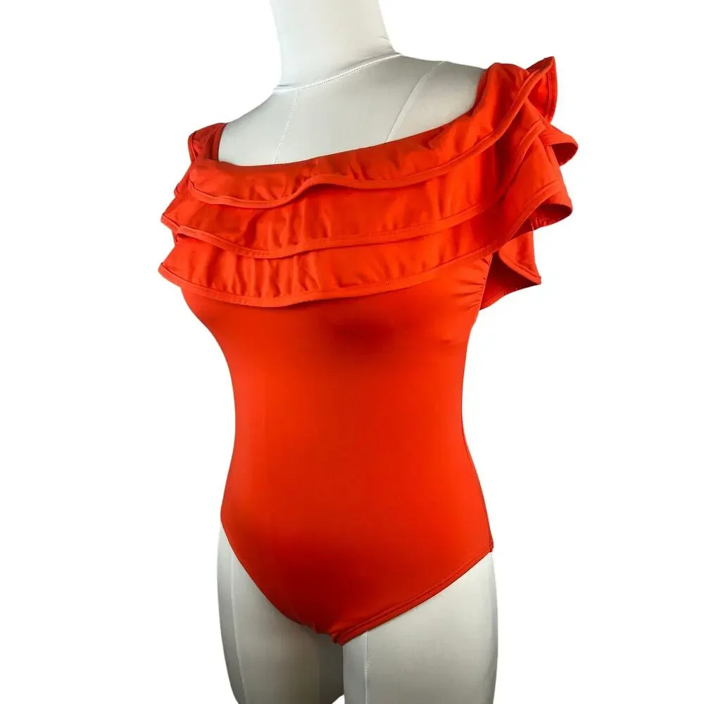 Kate Spade Palm Beach Ruffle Off Shoulder One Piece Swimsuit Tomato Red M